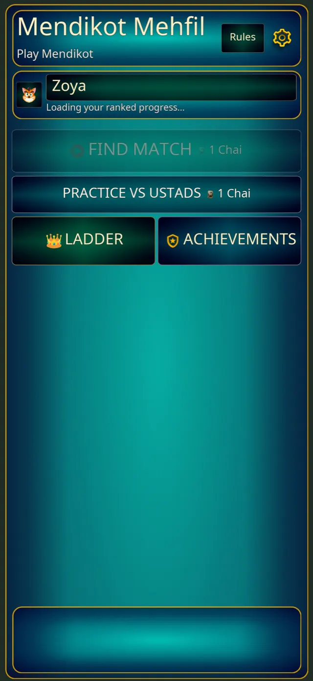 Home screen with Find Match, Practice vs Ustads, Ladder and Achievements